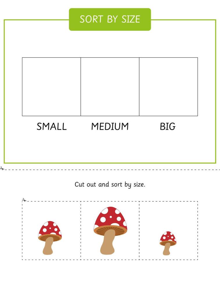 Trier champignons par Taille feuille de travail pour préscolaire et Jardin d'enfants. éducatif Jeu pour enfants. Couper et pâte activité vecteur