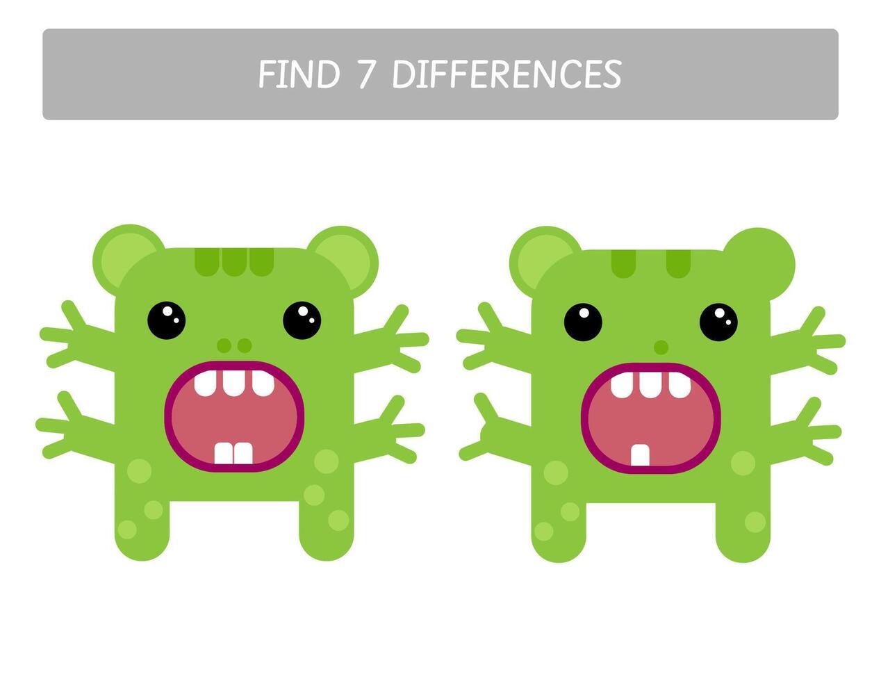 trouver Sept différences entre deux vert monstres feuille de travail pour préscolaire et Jardin d'enfants enfants. visuel compétences activité pour l'hiver. éducatif imprimable Jeu vecteur