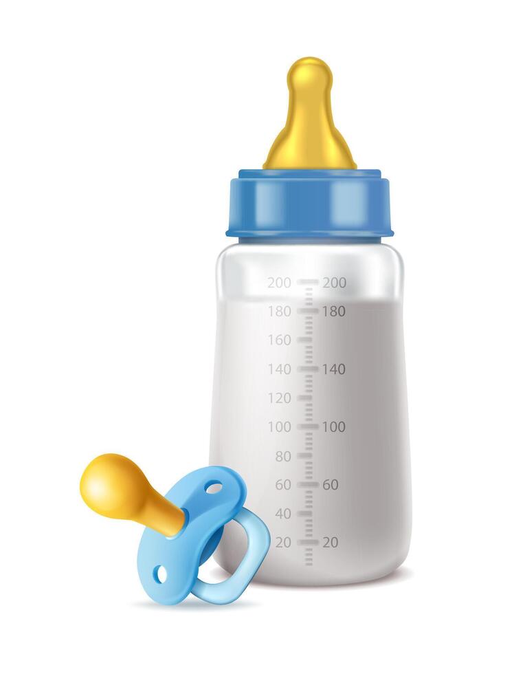 3d réaliste vecteur icône illustration. bébé garçon bleu Lait bouteille avec sucette. isolé sur blanche.