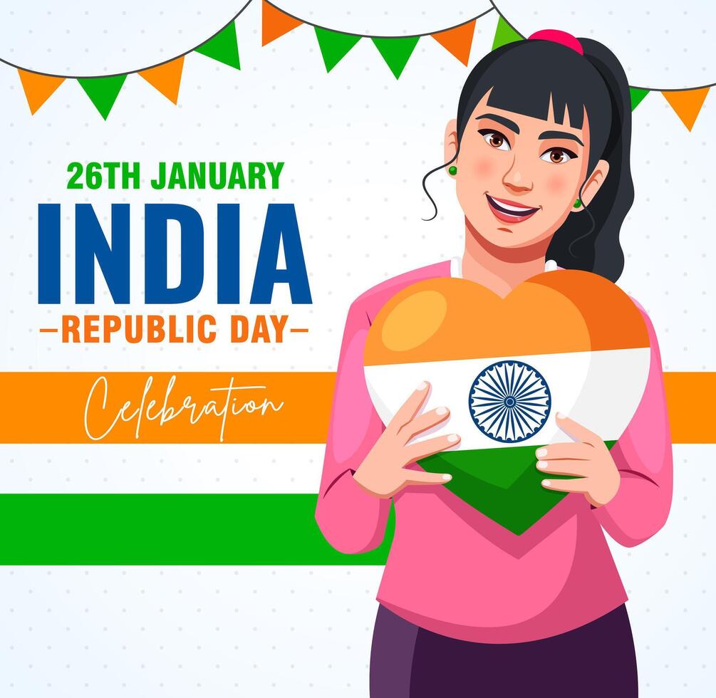 illustration de un Indien fille en portant une cœur dans nationale drapeau couleurs sur le Contexte pour content république journée de Inde. concept de indépendance ou république journée fête vecteur