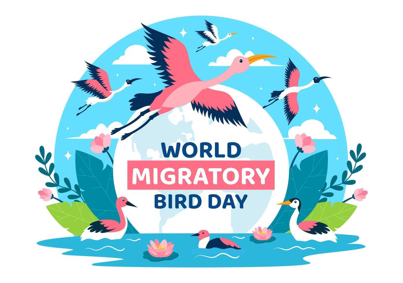 monde migratoire oiseau journée vecteur illustration avec des oiseaux migrations groupes et leur habitat pour vivant aquatique les écosystèmes dans plat dessin animé Contexte
