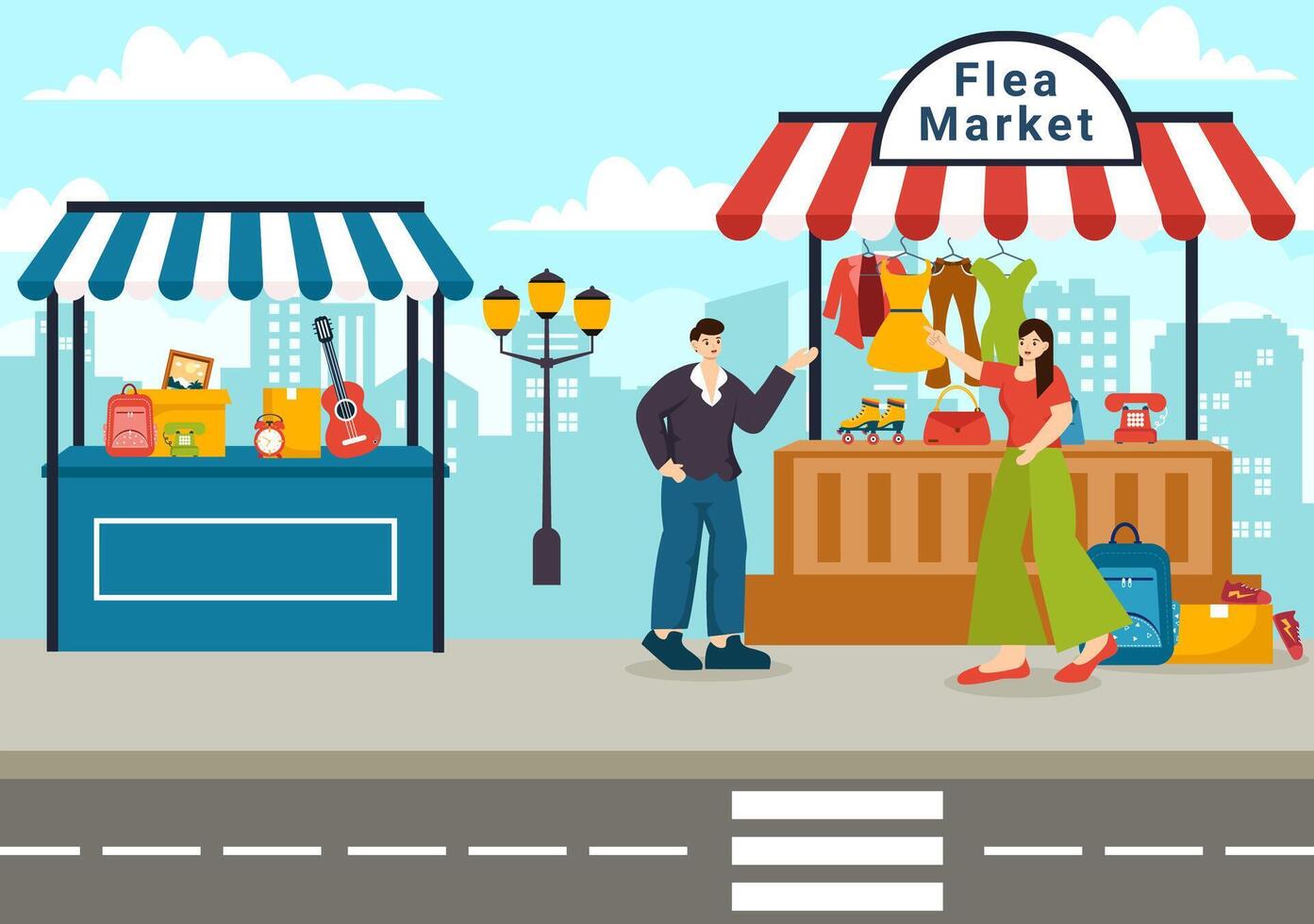 Puce marché vecteur illustration avec seconde main magasin avec acheteurs, échanger rencontrer, les vendeurs et les clients à fin de semaine dans affaires plat Contexte