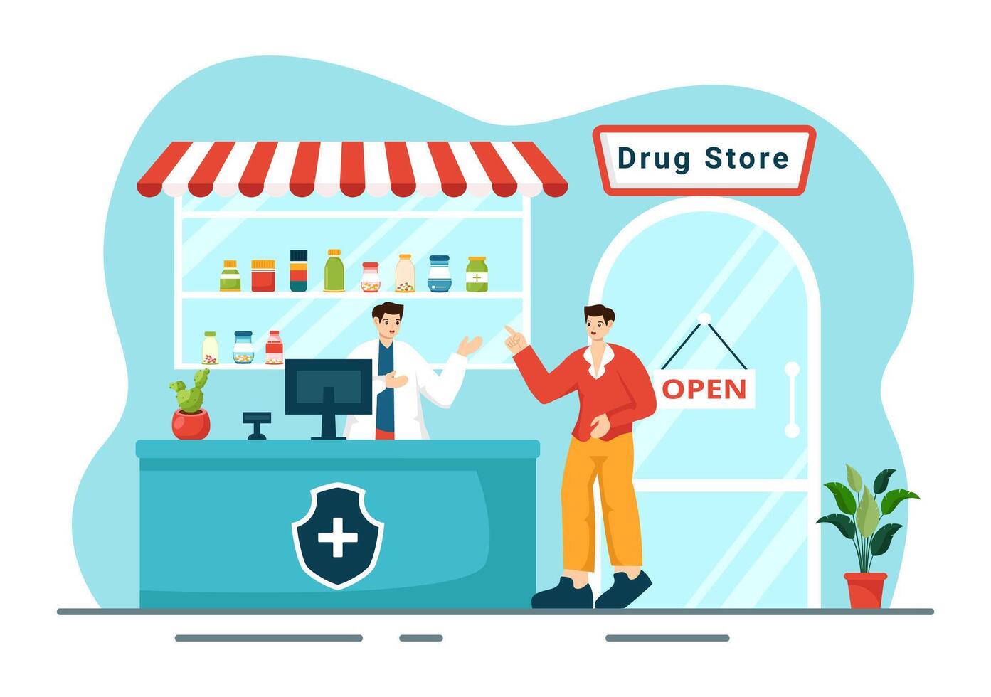 drogue boutique vecteur illustration avec magasin pour le vente de drogues, une pharmacien, médecine, capsules et bouteille dans soins de santé plat dessin animé Contexte