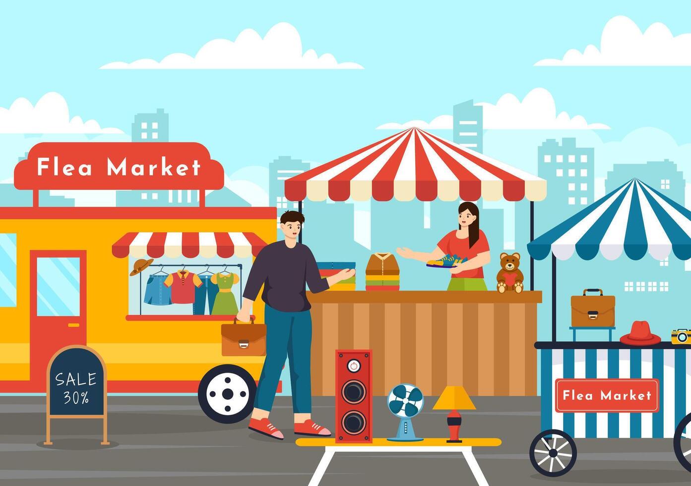 Puce marché vecteur illustration avec seconde main magasin avec acheteurs, échanger rencontrer, les vendeurs et les clients à fin de semaine dans affaires plat Contexte