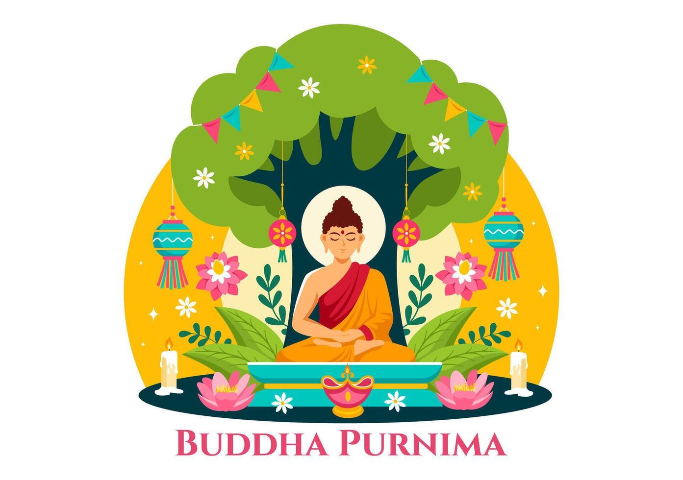 content Bouddha Purnima vecteur illustration de vesak journée ou Indien Festival à spirituel avec dans une Profond méditation dans plat dessin animé Contexte