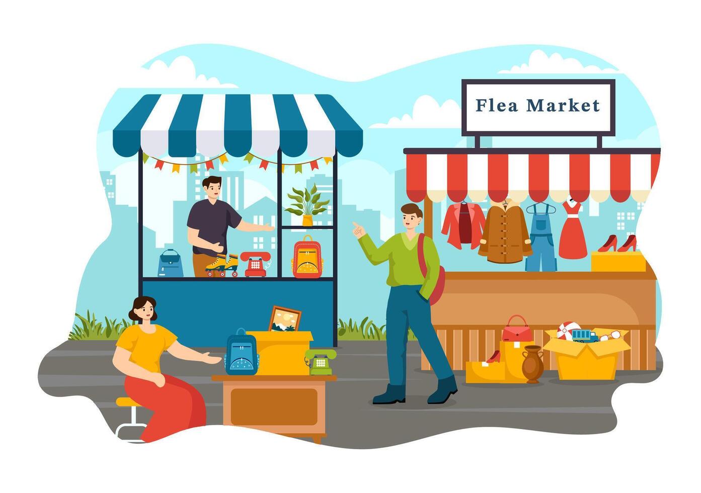 Puce marché vecteur illustration avec seconde main magasin avec acheteurs, échanger rencontrer, les vendeurs et les clients à fin de semaine dans affaires plat Contexte