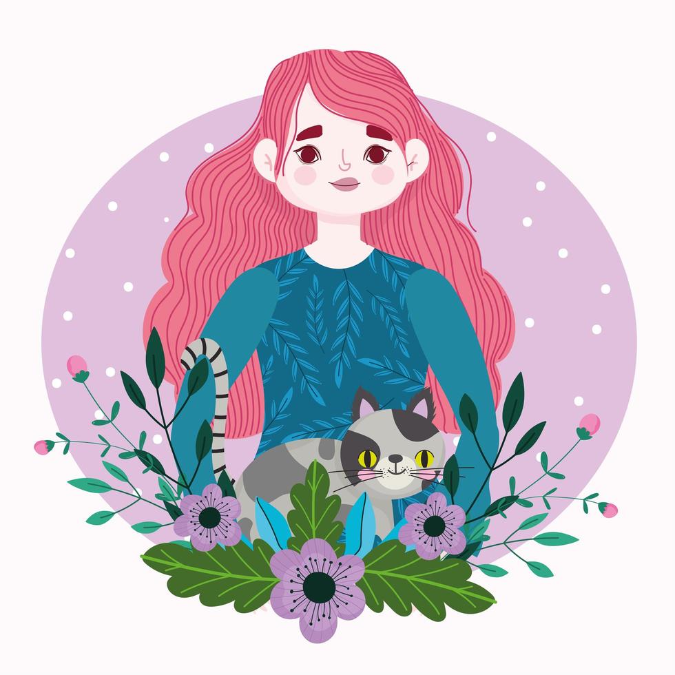 femme de beauté avec animal de compagnie chat tacheté et dessin animé de fleurs vecteur