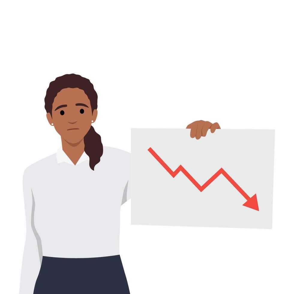 Jeune femme affaires perte et récession plat vecteur concept illustration. femme d'affaires est en portant une Vide papier avec vers le bas tendance Stock graphique.