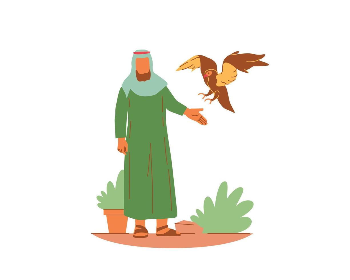 arabe homme avec oiseau dans le sien main. moderne plat vecteur illustration.