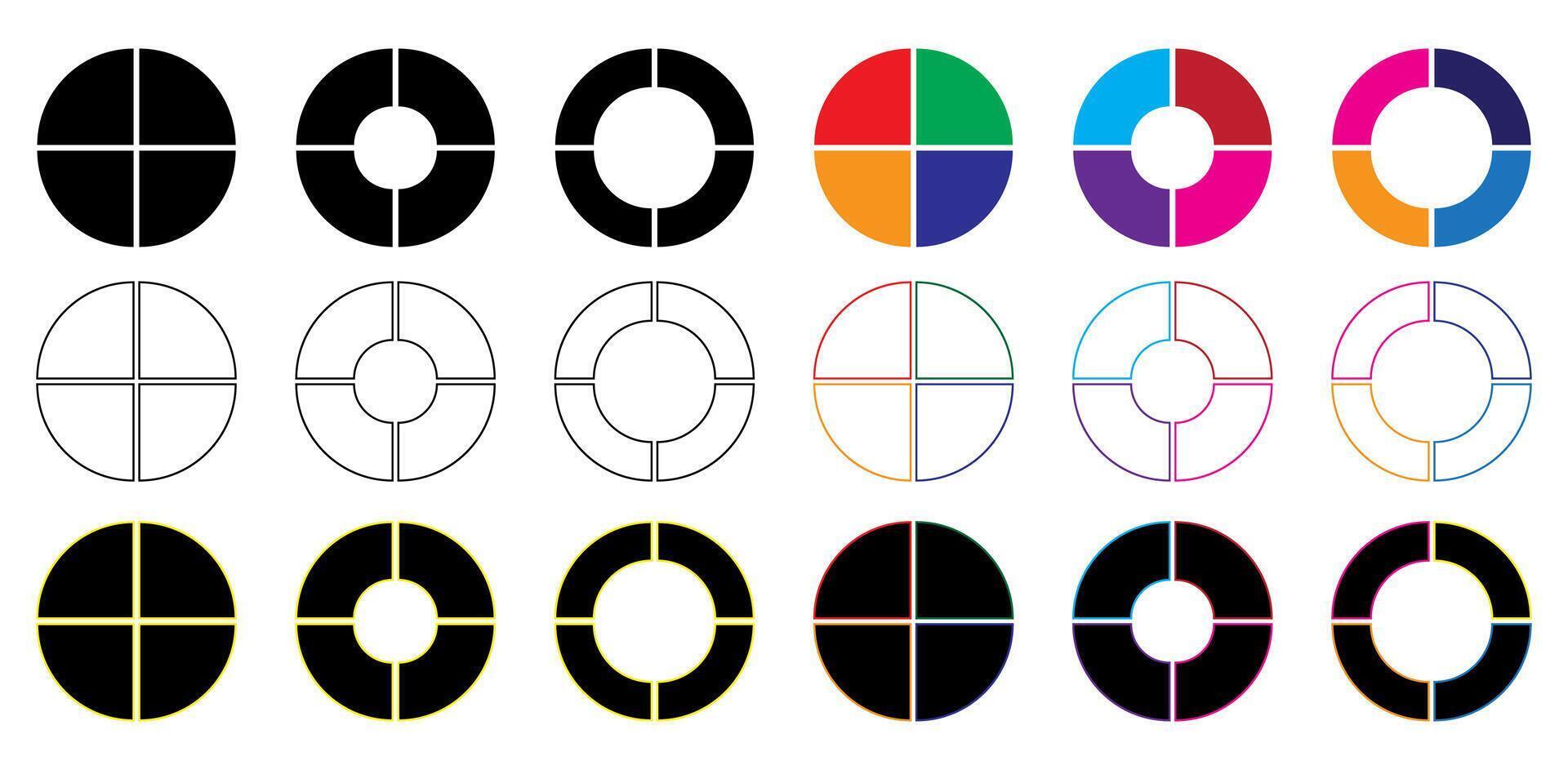 vecteur ensemble de quatre les pièces de une cercle. tarte graphique avec quatre même Taille secteurs sur une blanc Contexte.