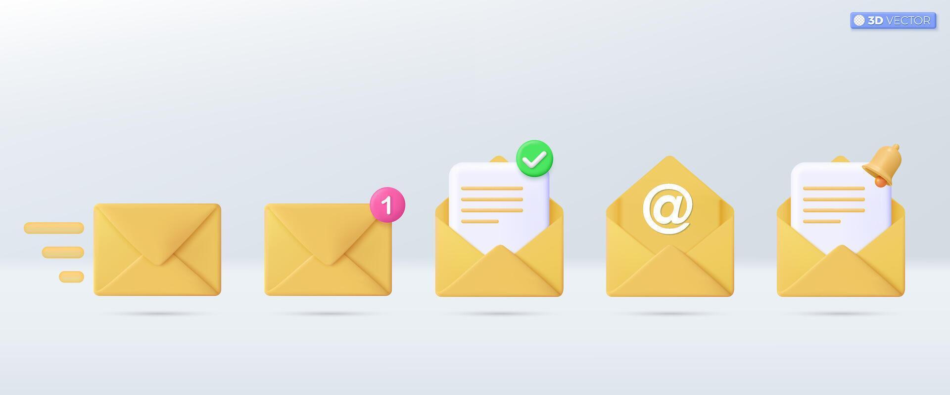 3d Jaune courrier enveloppe icône ensemble symbole. rendre email notification avec des lettres, vérifier marquer, papier avion Icônes. la communication concept. 3d vecteur isolé illustration, dessin animé pastel minimal style.
