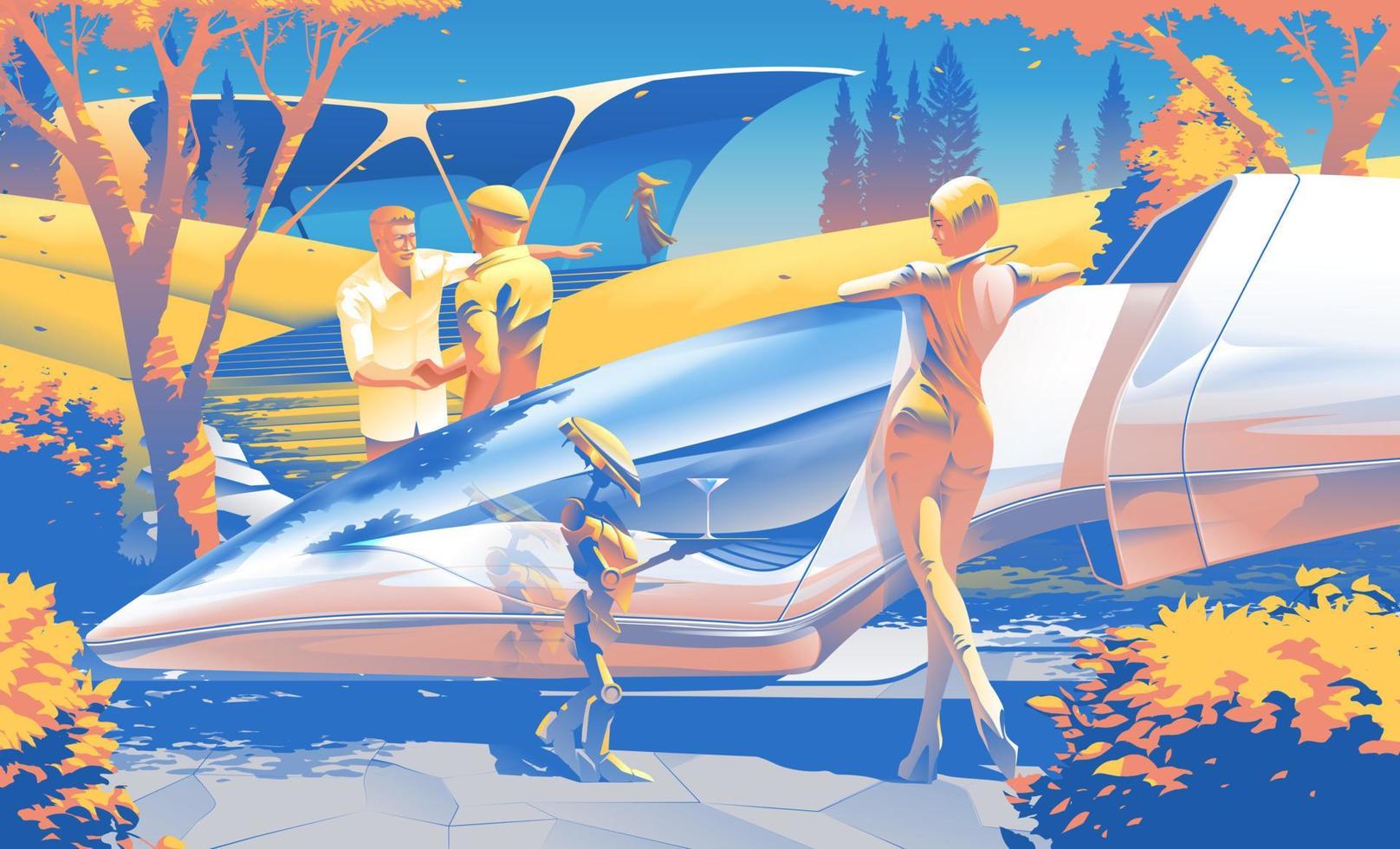 illustration vectorielle rétro scifi des personnes riches dans la vie quotidienne en 2079 vecteur