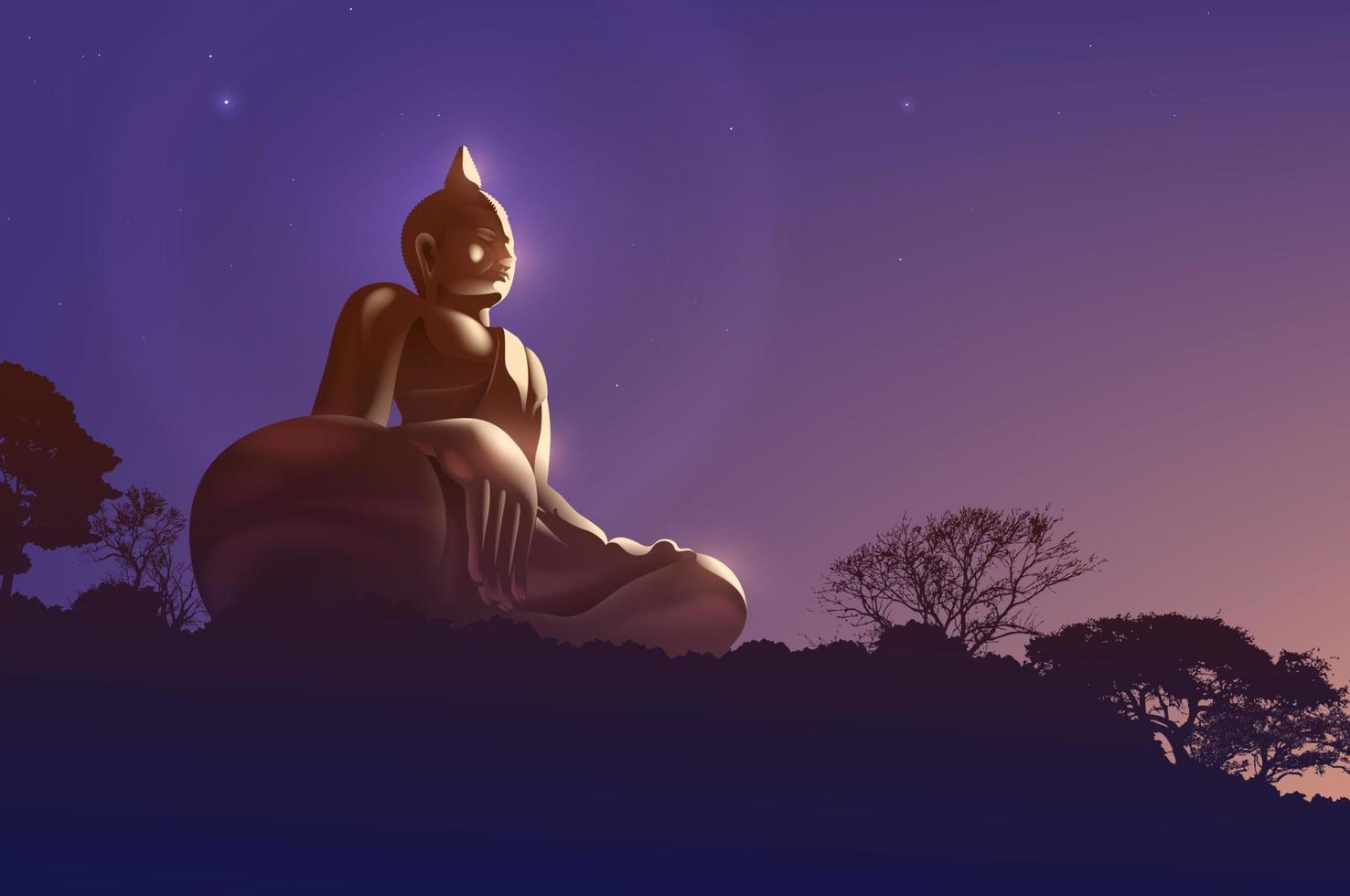 bouddhisme illustration vectorielle d'une statue de bouddha au sommet de la montagne avec la belle lumière du soleil brille de la droite. vecteur