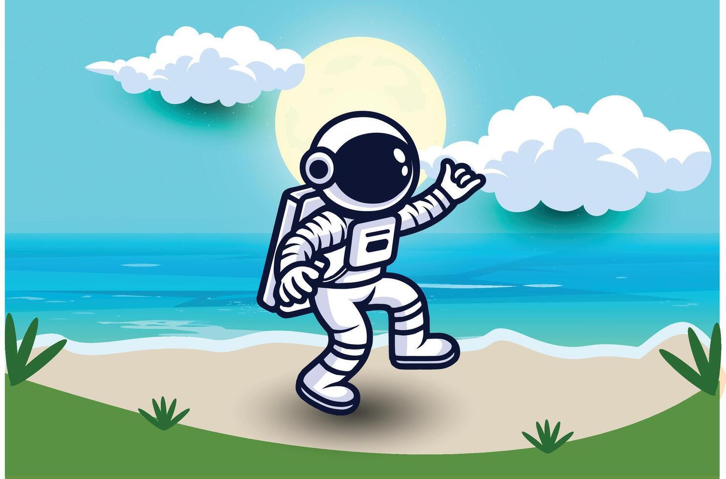 mignonne astronaute dessin animé en marchant sur le plage avec une plage arrière-plan, vecteur icône illustration. science nourriture icône concept isolé prime vecteur. plat dessin animé style