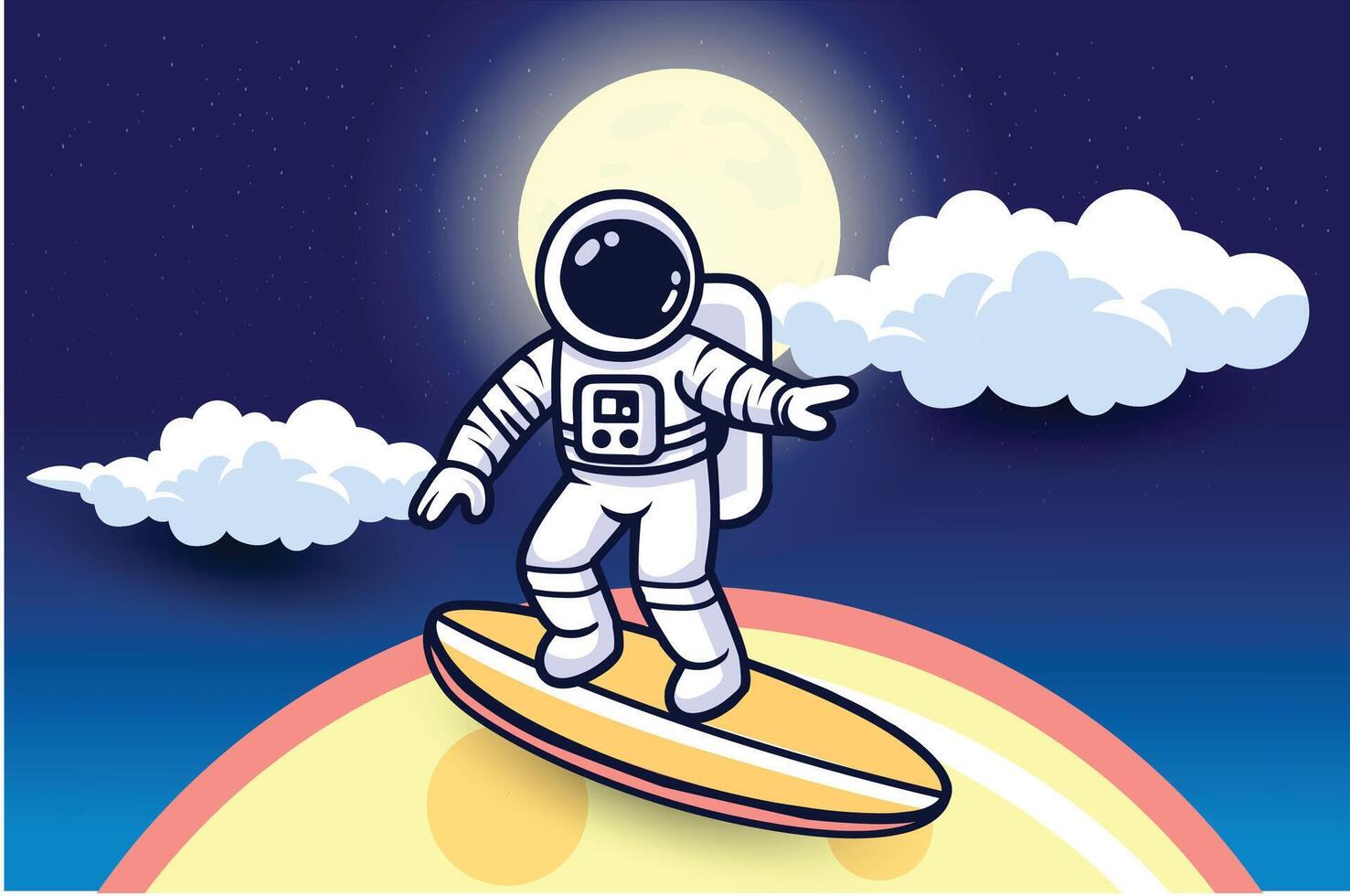 mignonne astronaute surfant sur planètes dessin animé vecteur icône illustration. science nourriture icône concept isolé prime vecteur. plat dessin animé style