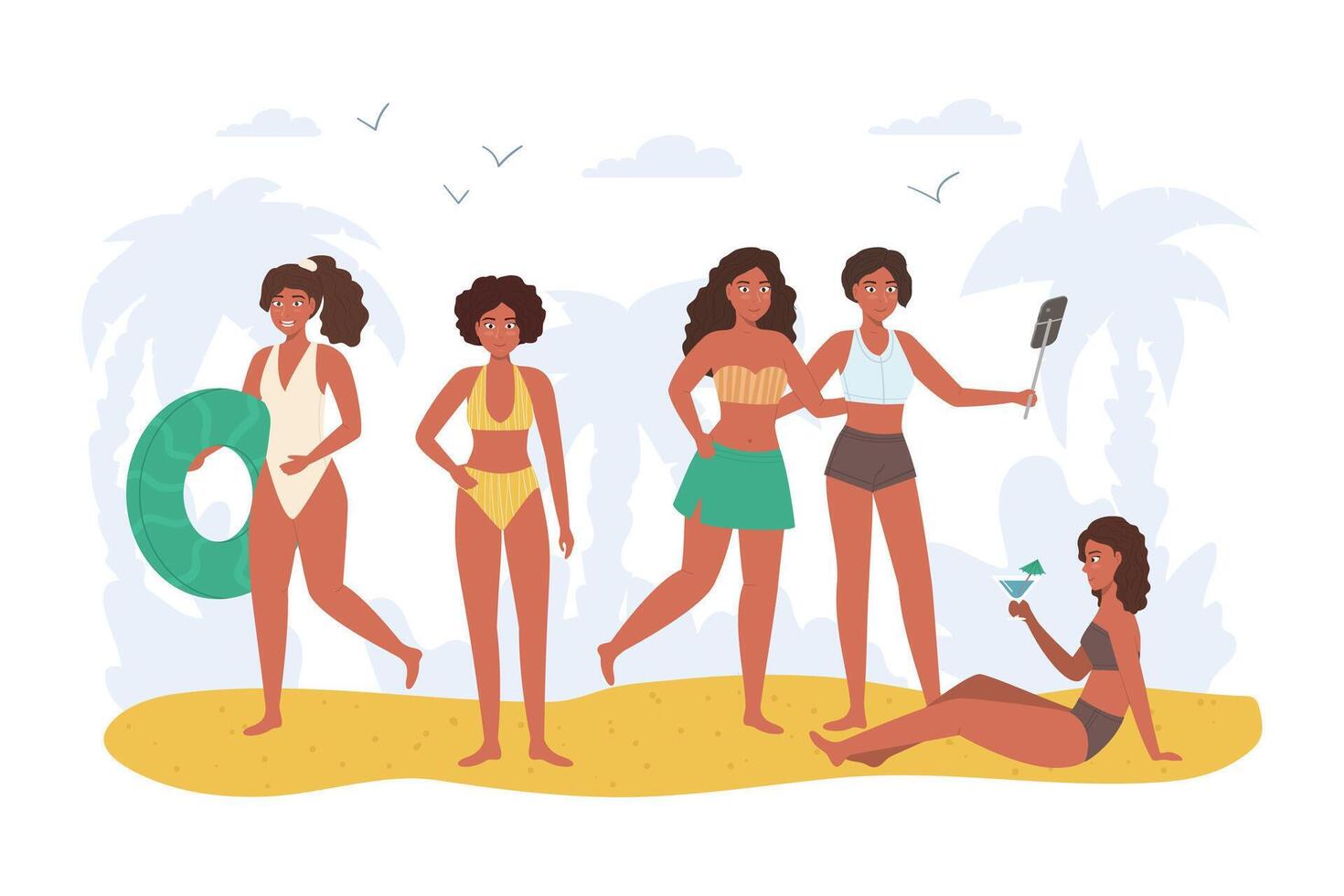 dessin animé Couleur personnages afro américain femmes sur le plage concept. vecteur