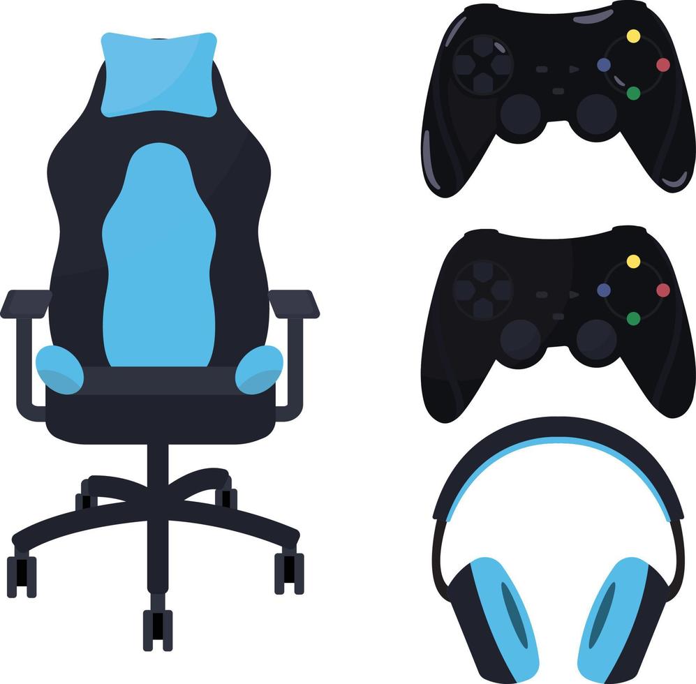 ensemble d'équipements de jeu tels qu'un contrôleur ou un joystick, un casque ou des écouteurs et une chaise de jeu. dessiné en bleu et noir, style minimaliste. vecteur