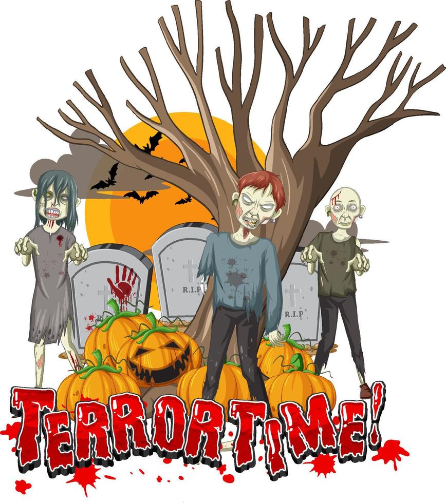 bannière de mot de temps de terreur avec des zombies pour halloween vecteur