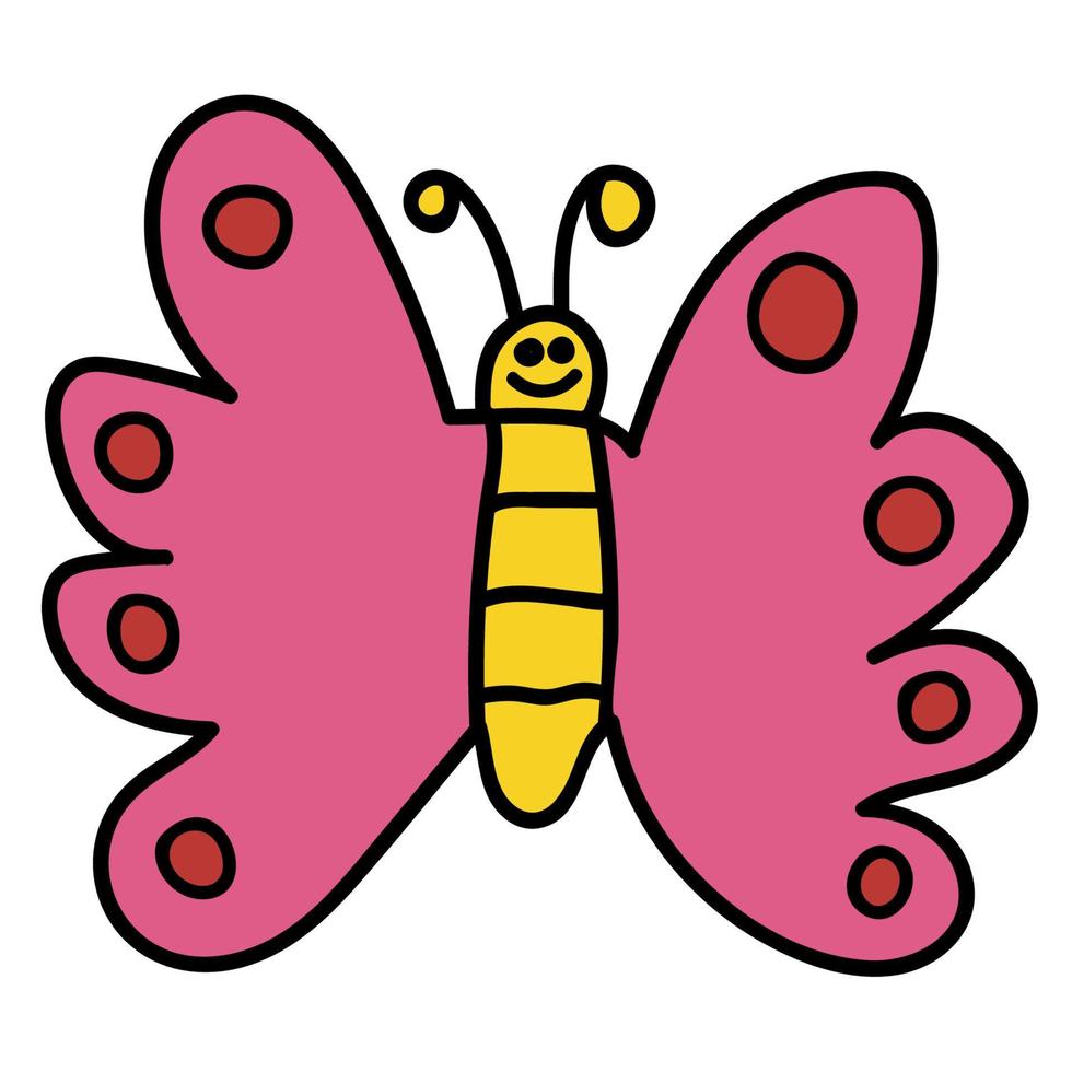 papillon de griffonnage de ligne mince, bug heureux de dessin animé isolé sur fond blanc. vecteur