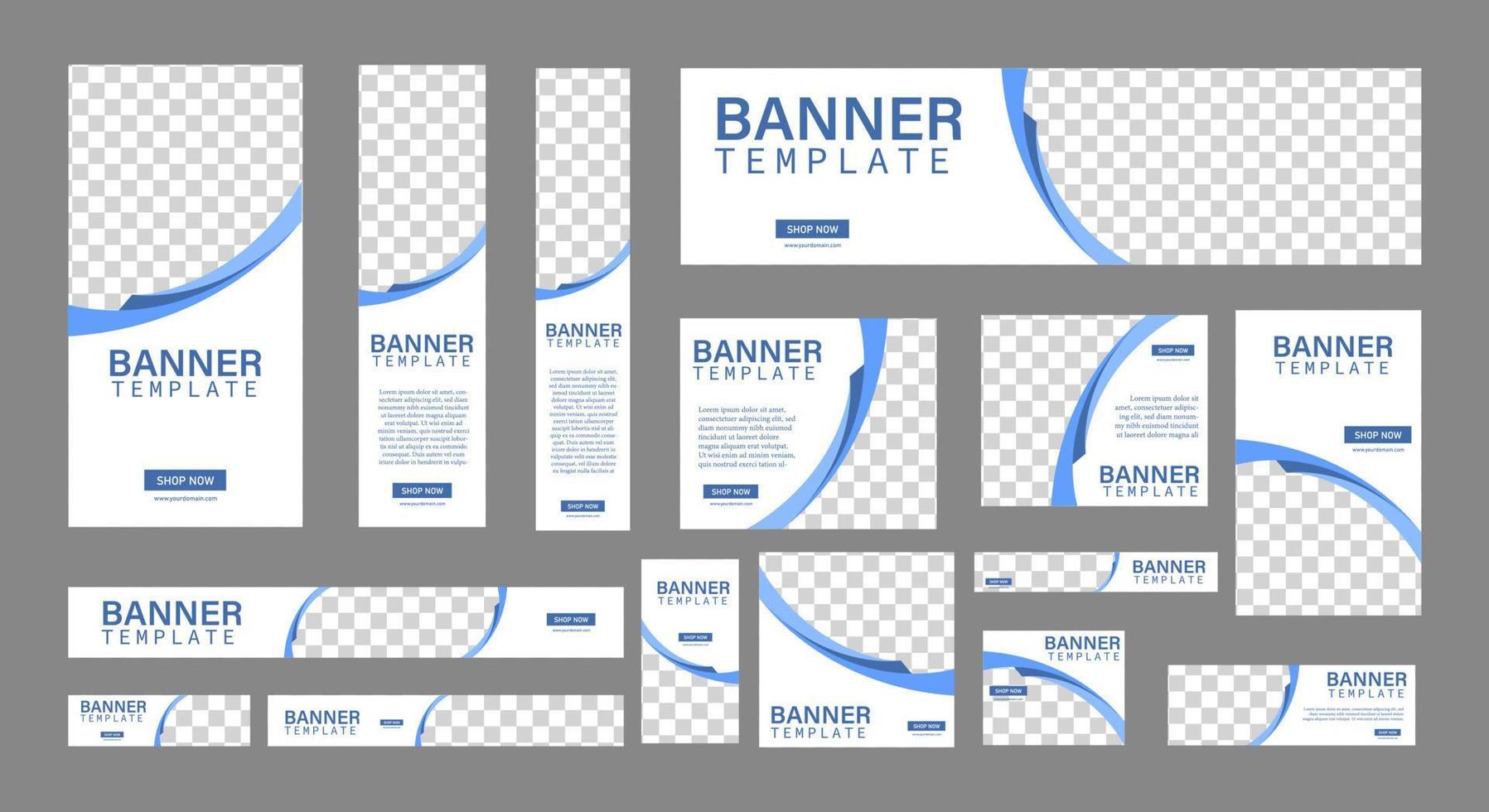 ensemble de bannières Web créatives de taille standard avec une place pour les photos. bannière publicitaire commerciale. modèle vertical, horizontal et carré. illustration vectorielle eps 10 vecteur