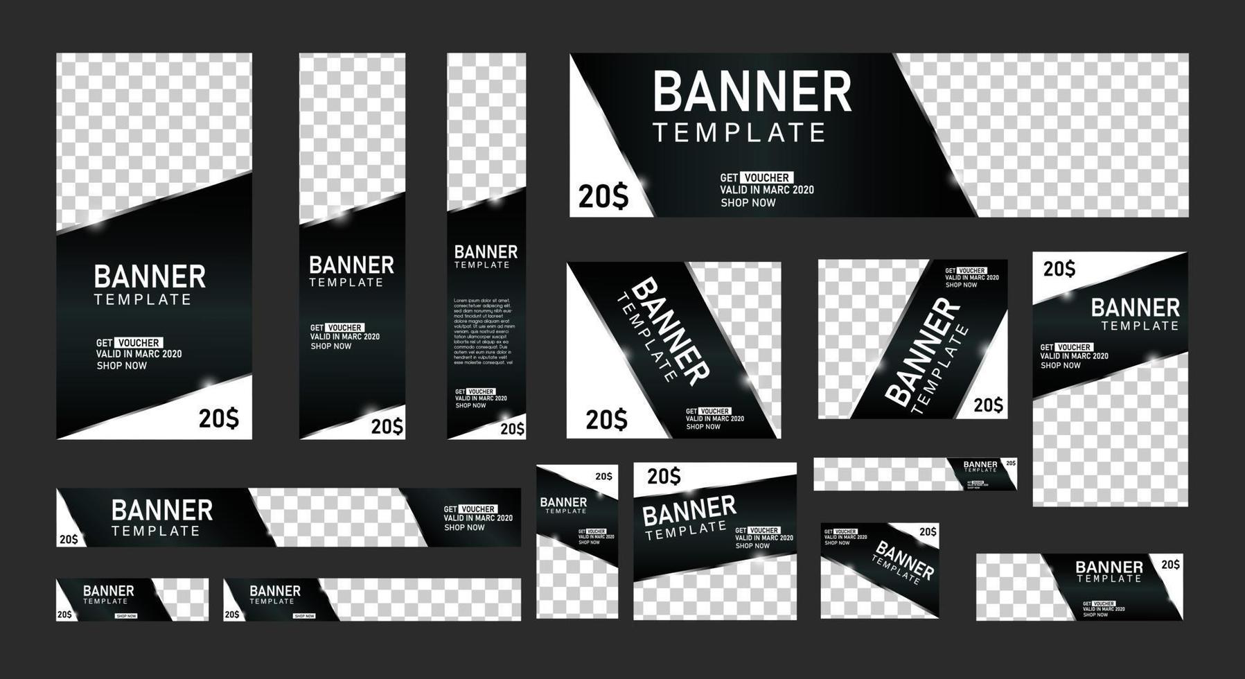 ensemble de bannières Web créatives de taille standard avec une place pour les photos. bannière publicitaire commerciale. modèle vertical, horizontal et carré. illustration vectorielle eps 10 vecteur