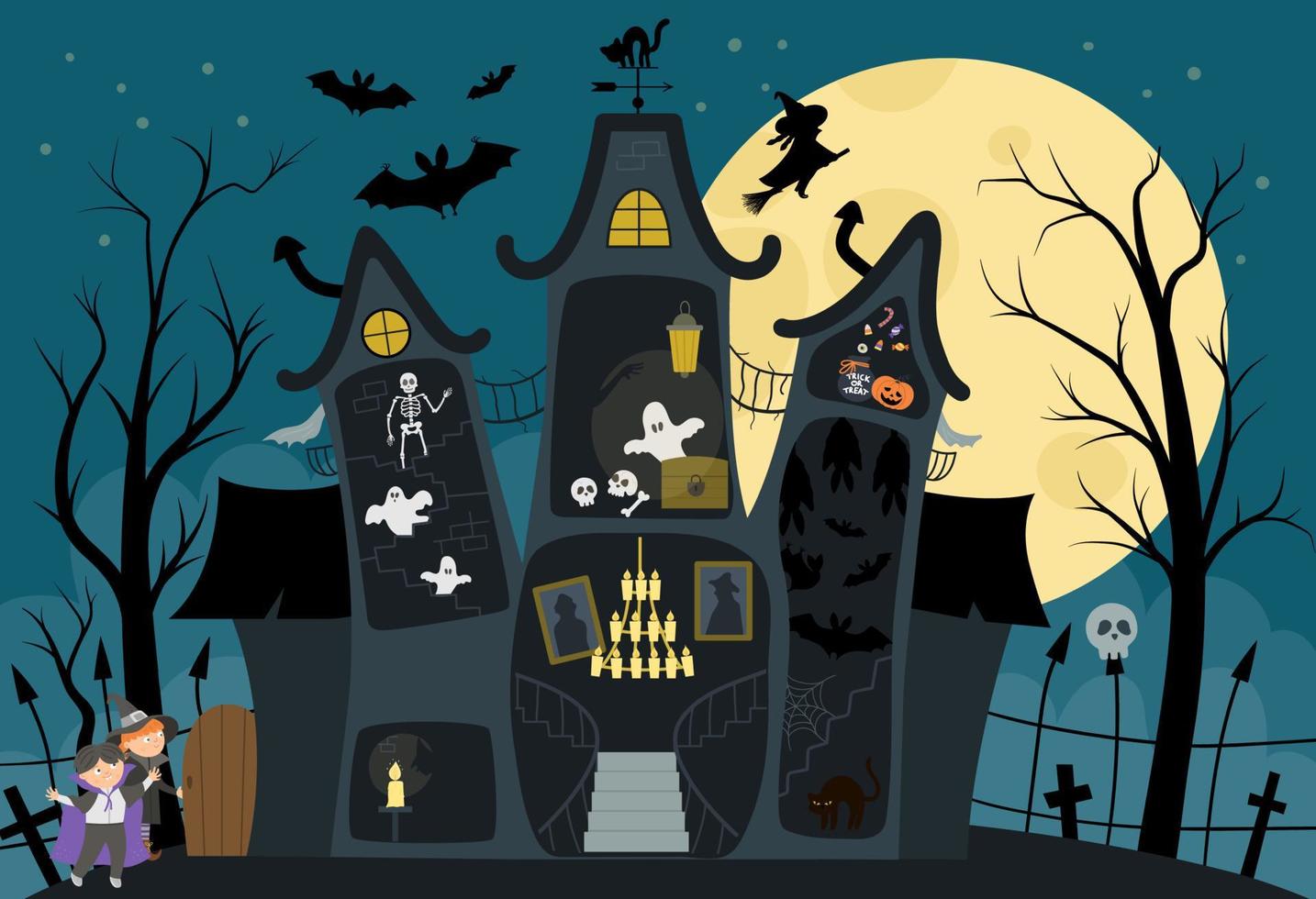 illustration d'intérieur de maison hantée de vecteur. fond d'halloween. scène de cottage effrayante avec grande lune, fantômes, chauves-souris, enfants sur fond bleu foncé. effrayante invitation à la fête de samhain ou conception de cartes. vecteur