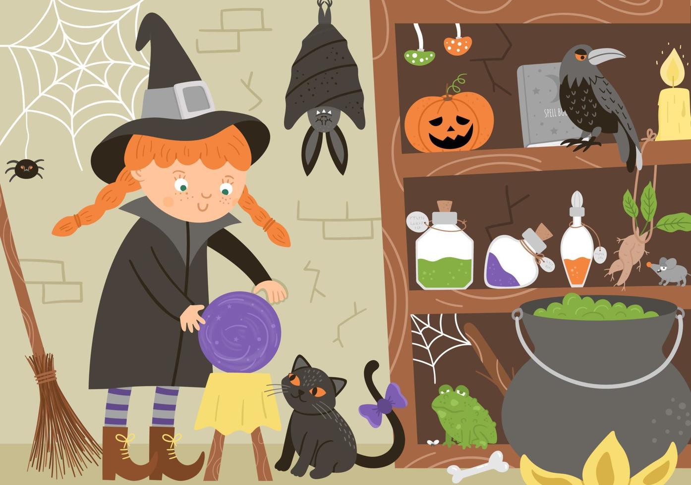 illustration d'intérieur de coin de sorcière de vecteur. fond d'halloween avec chat noir, chauve-souris, araignée. scène effrayante avec des animaux effrayants, ingrédients de potion. effrayante invitation à la fête de samhain ou conception de cartes. vecteur