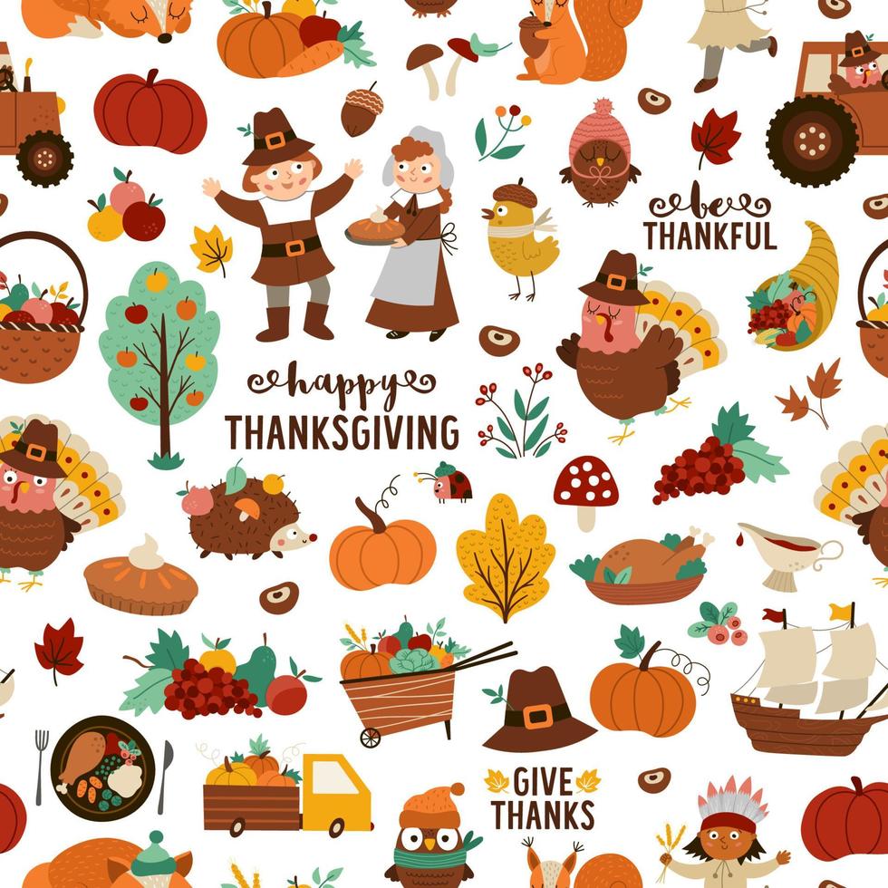 modèle sans couture de vecteur de thanksgiving. fond de répétition d'automne avec des pèlerins drôles, amérindiens, turquie, animaux, récolte, corne d'abondance, citrouilles, arbres. papier numérique de vacances d'automne