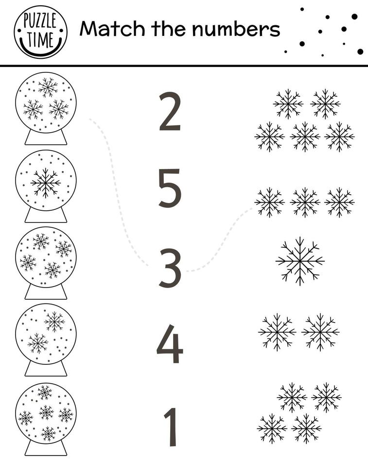 jeu d'association de noël noir et blanc avec des boules à neige et des flocons de neige. activité mathématique d'hiver pour les enfants d'âge préscolaire. feuille de calcul ou coloriage imprimable du nouvel an éducatif vecteur