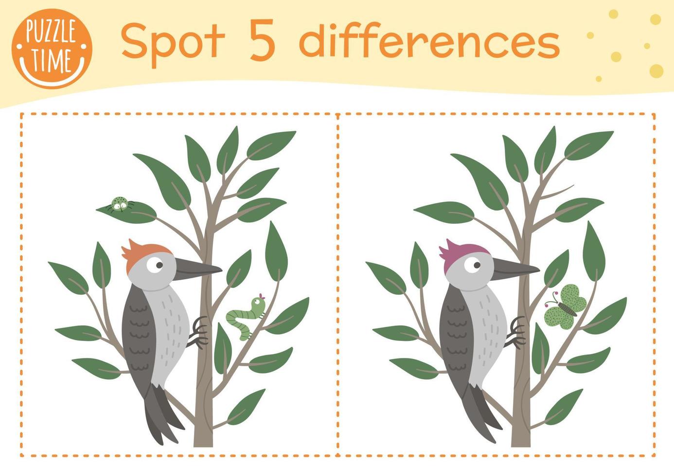 forêt trouver jeu de différences pour les enfants. activité préscolaire avec oiseau assis sur un arbre. puzzle avec pic, insectes. feuille de travail imprimable des bois. Quiz sur les compétences d'attention sur le thème de la nature sauvage vecteur