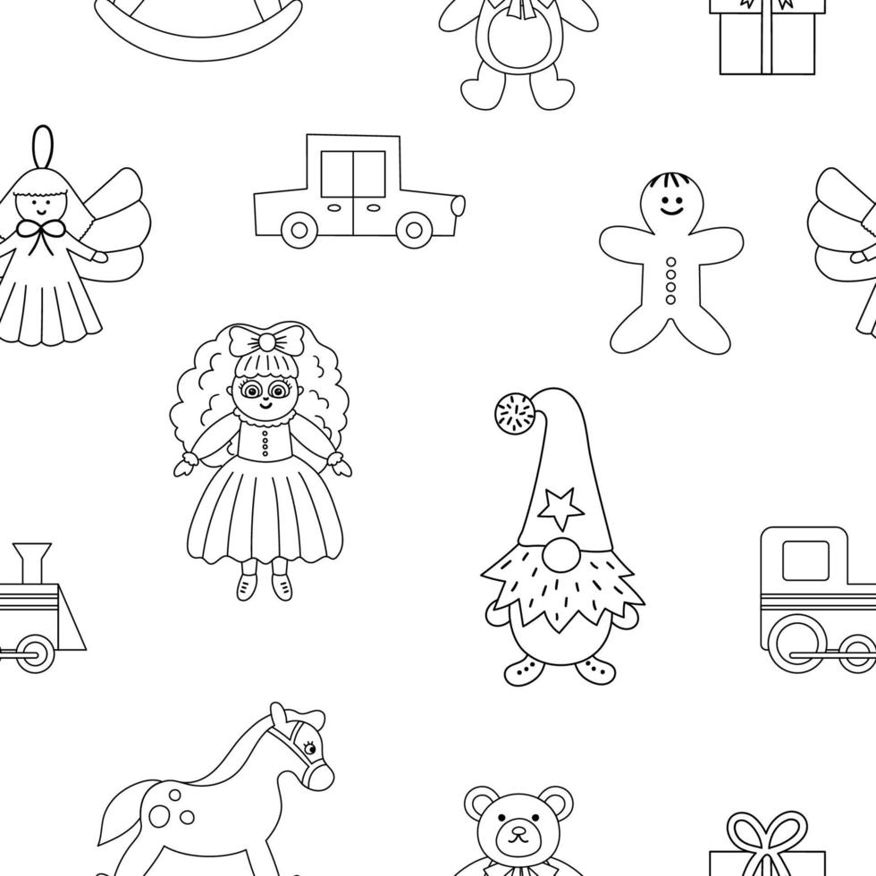 joli modèle sans couture noir et blanc avec des jouets de noël. fond de ligne vectorielle avec des cadeaux de nouvel an pour les enfants. papier numérique avec des cadeaux du père noël pour les enfants. vecteur