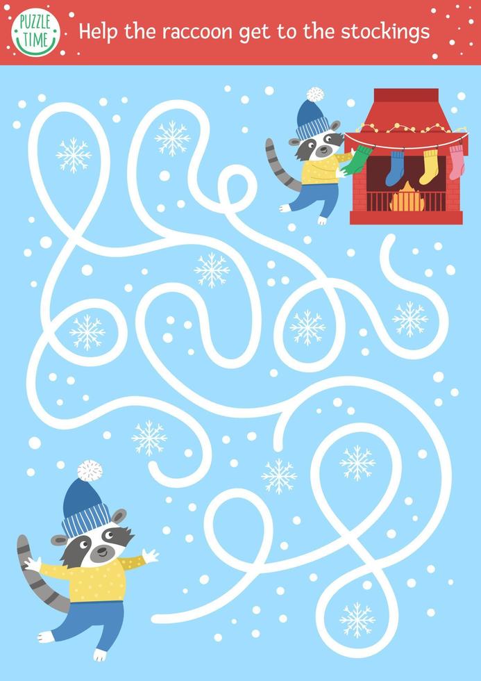 labyrinthe de noël pour les enfants. activité éducative imprimable préscolaire hiver nouvel an. jeu de vacances amusant ou puzzle avec un animal mignon et une cheminée. aider le raton laveur à aller aux bas vecteur