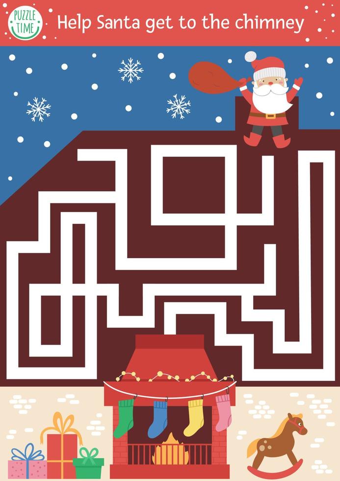 labyrinthe de noël pour les enfants. activité éducative imprimable préscolaire hiver nouvel an. jeu de vacances amusant ou puzzle avec le père noël mignon et la cheminée. aide le père noël à se rendre à la cheminée vecteur