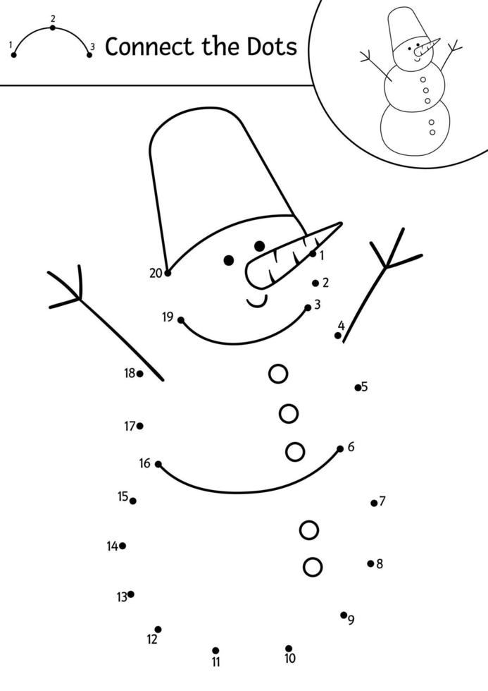 vecteur point à point et activité de couleur de noël avec un joli bonhomme de neige. les vacances d'hiver relient le jeu de points pour les enfants avec le bonhomme de neige. page de coloriage pour les enfants avec le symbole traditionnel du nouvel an.