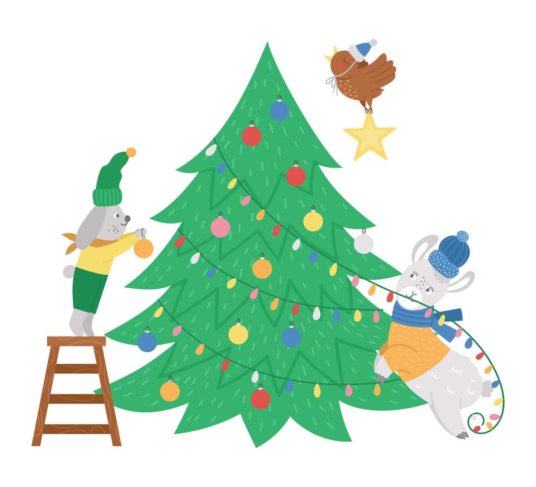jolie scène de préparation de Noël avec un lapin, un oiseau et un lama décorant un sapin. illustration d'hiver avec des animaux. conception de carte drôle. impression du nouvel an avec des personnages souriants vecteur