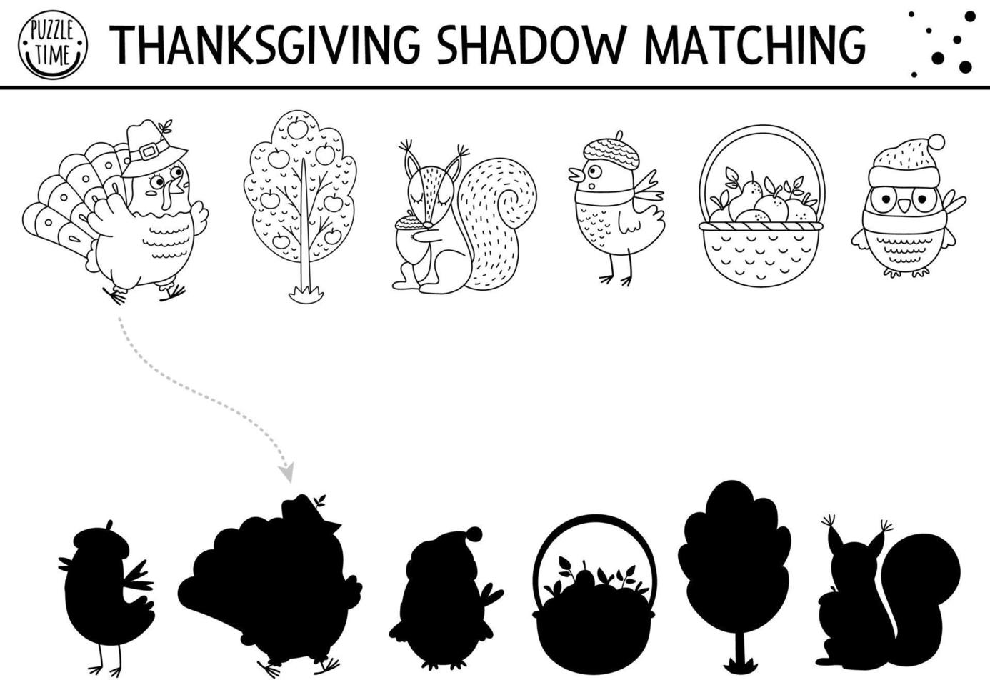 activité de correspondance d'ombres noires et blanches d'action de grâces avec des animaux mignons, récolte. puzzle de ligne de vacances d'automne avec la dinde, les pommes. trouver une feuille de travail ou un jeu imprimable de contour de silhouette correct vecteur