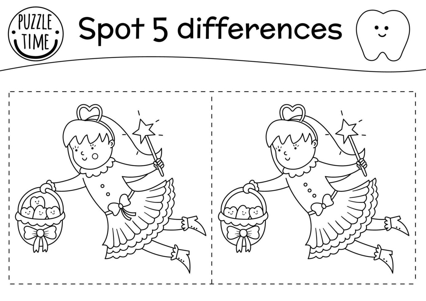 Les soins dentaires en noir et blanc trouvent un jeu de différences pour les enfants. l'hygiène buccale décrit l'activité préscolaire avec la fée des dents mignonne. puzzle de perte de dents ou coloriage avec des personnages mignons pour les enfants. vecteur