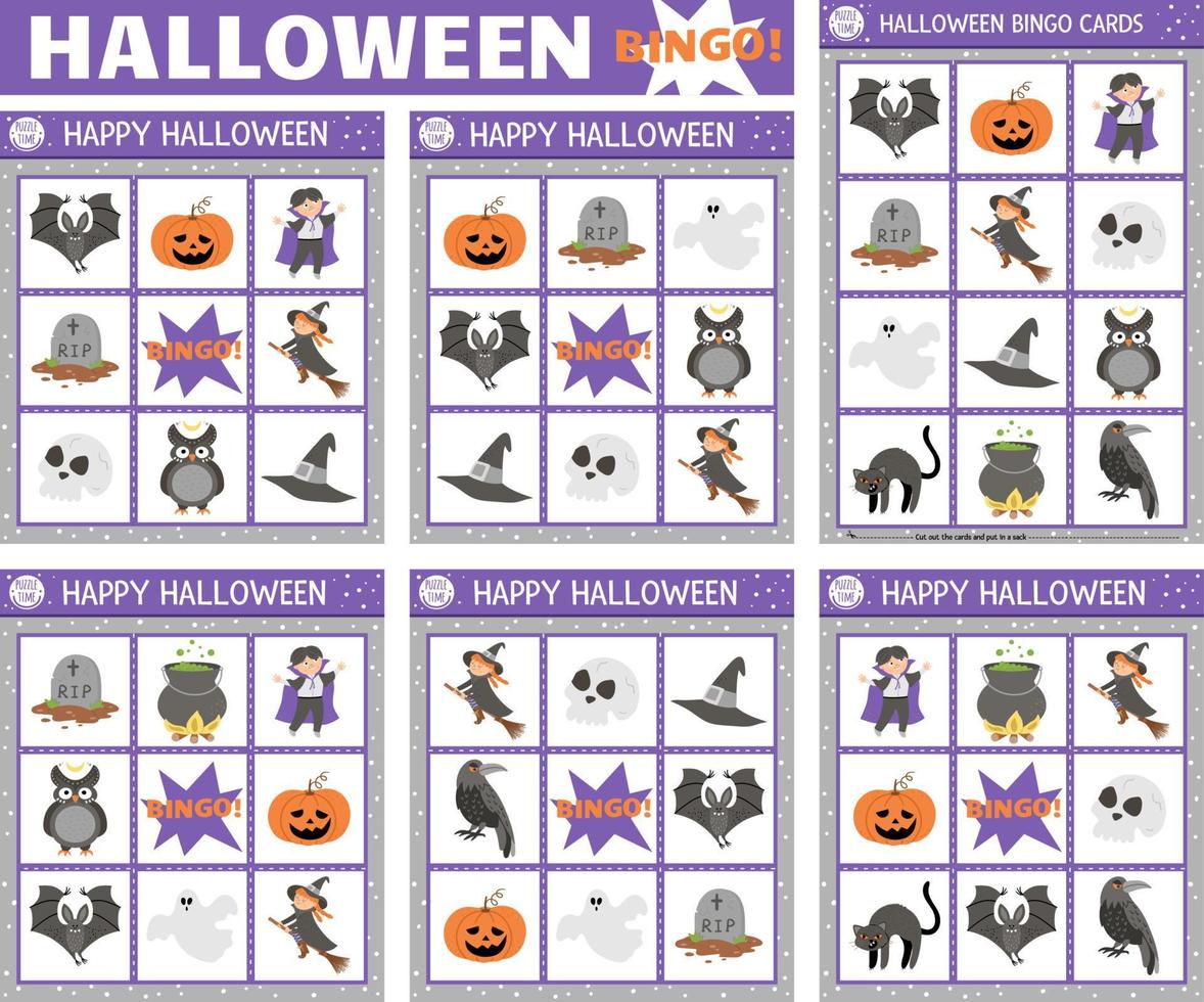 jeu de cartes de bingo halloween de vecteur. jeu de société de loto familial amusant avec une jolie sorcière, une lanterne, un vampire pour les enfants. activité de loterie des vacances d'automne. feuille de travail éducative imprimable simple. vecteur