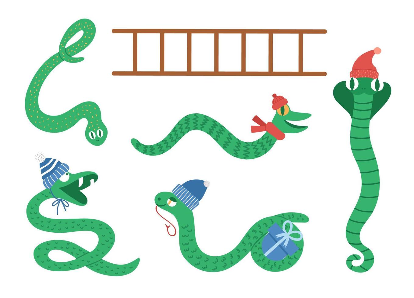 serpents et échelle clipart. animaux de Noël drôles dans des chapeaux et des écharpes pour un jeu de société éducatif. illustration de serpent d'hiver mignon isolé sur fond blanc. vecteur