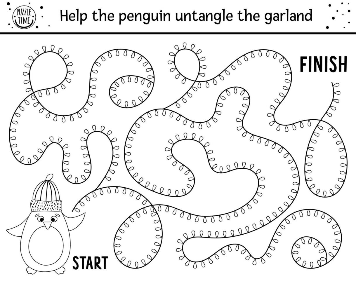 labyrinthe de noël noir et blanc pour les enfants. activité éducative ou coloriage imprimable préscolaire hiver nouvel an. jeu de vacances amusant ou puzzle avec un pingouin mignon en chapeau et guirlande. vecteur