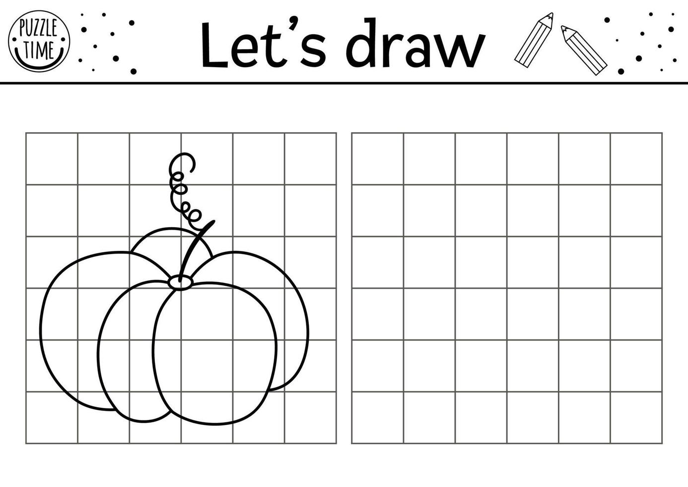 copiez l'image de la citrouille ou le jeu sur le thème de la forêt pour les enfants complète le légume. feuille de travail de pratique de dessin d'automne de vecteur. activité imprimable en noir et blanc pour les enfants d'âge préscolaire vecteur