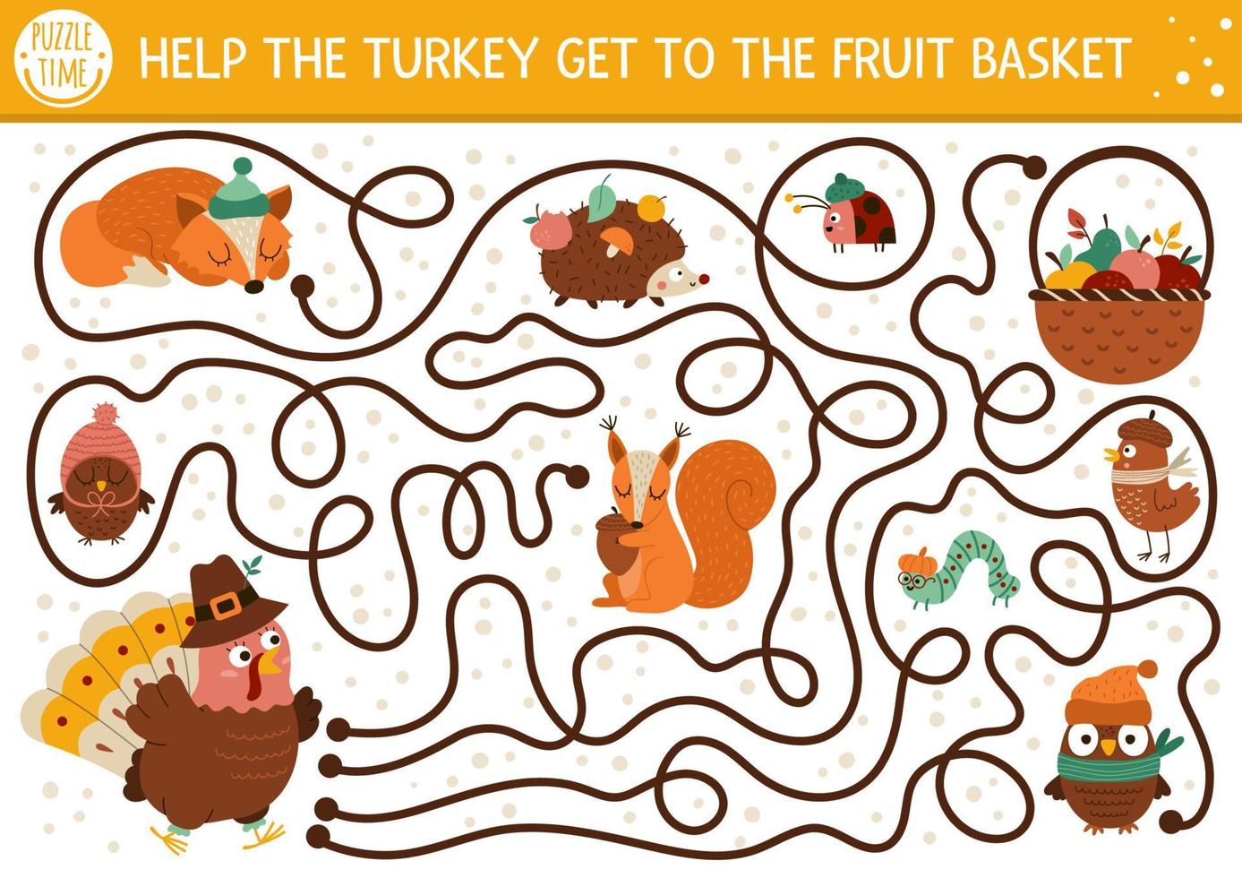 Labyrinthe de Thanksgiving pour les enfants. activité imprimable préscolaire des vacances d'automne. jeu de labyrinthe d'automne ou puzzle avec un oiseau mignon, des animaux de la forêt, des pommes. aider la dinde à se rendre à la corbeille de fruits vecteur