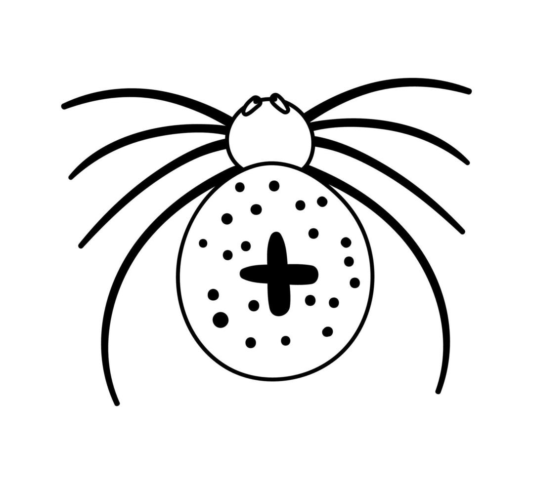 vecteur araignée noir et blanc avec croix sur le dos. icône de personnage d'halloween. automne mignon tous les saints eve illustration avec insecte effrayant. Samhain party coloriage pour les enfants.