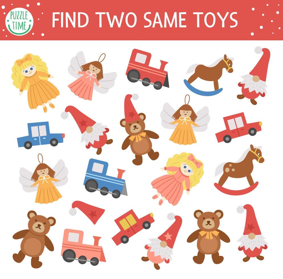 trouver deux mêmes jouets. activité de correspondance de Noël pour les enfants. feuille de travail de quiz logique d'hiver éducatif amusant pour les enfants. jeu de nouvel an imprimable simple avec poupée, ours en peluche, train, voiture vecteur