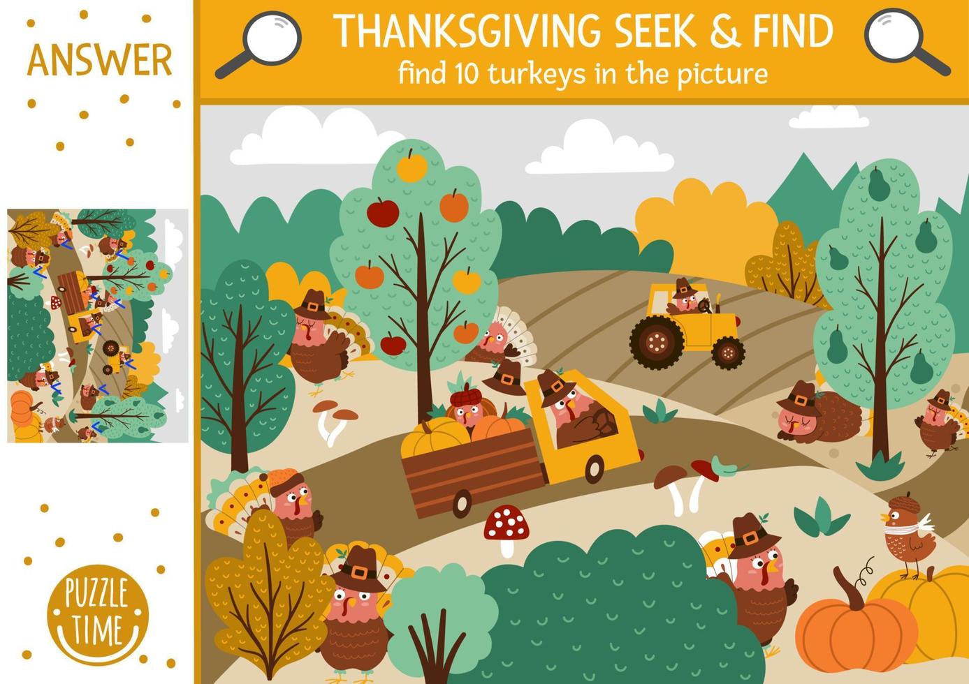 jeu de recherche de thanksgiving de vecteur avec des dindes mignonnes dans le domaine de la ferme. repérer les oiseaux cachés dans l'image. Recherchez et trouvez une activité imprimable éducative d'automne. quiz familial des vacances d'automne