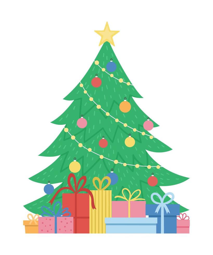 sapin de Noël décoré de vecteur avec des cadeaux isolés sur fond blanc. illustration drôle mignonne du symbole du nouvel an. image de style plat pour les décorations ou le design.