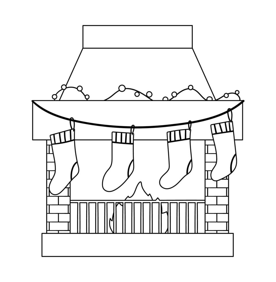 jolie cheminée noire et blanche avec des bas. illustration de Noël de cheminée avec des chaussettes avec des cadeaux. icône de ligne d'hiver. impression ou coloriage du nouvel an vecteur