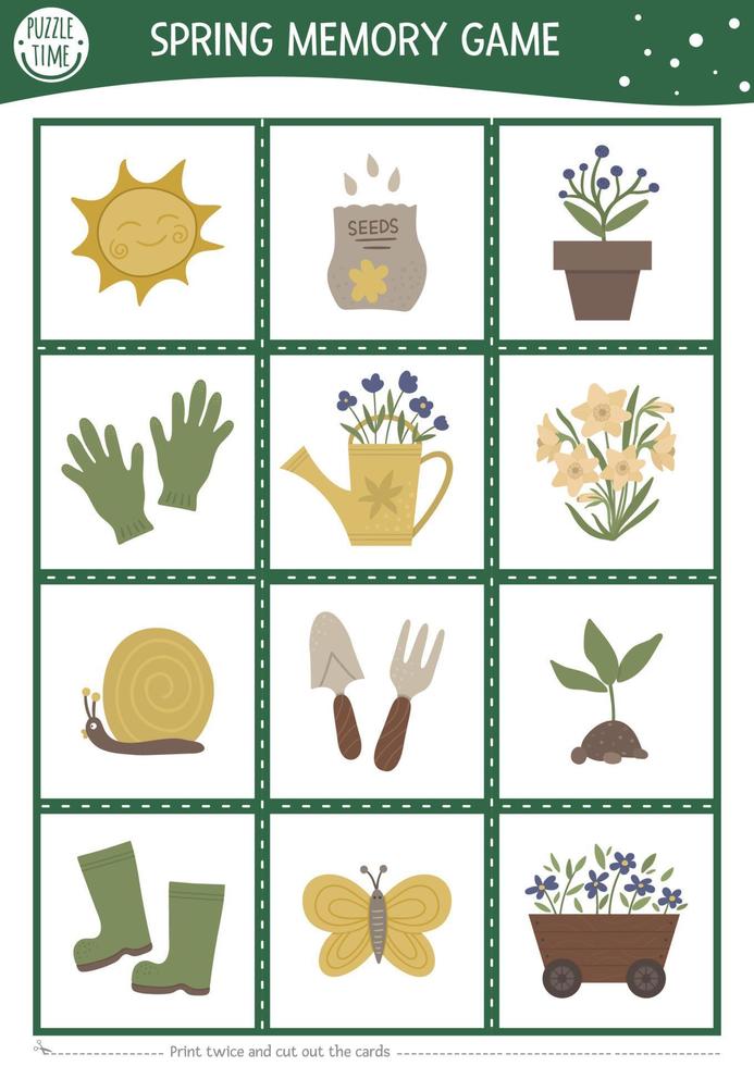 cartes de jeu de mémoire de jardin de printemps de vecteur avec des outils mignons, des plantes pour bébés. activité de jumelage de fermes. rappelez-vous et trouvez la bonne carte. feuille de travail imprimable simple pour les enfants avec des fleurs