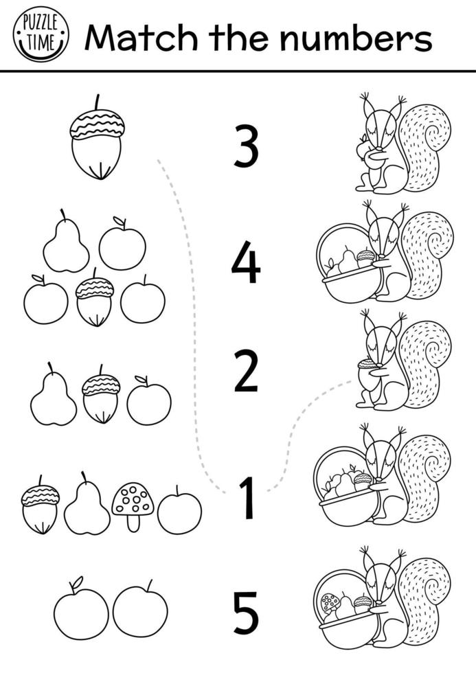 Faites correspondre le jeu de nombres en noir et blanc avec un écureuil et une corbeille de fruits. ferme de ligne d'automne ou activité mathématique de forêt avec un animal mignon. feuille de calcul éducative imprimable pour les enfants vecteur