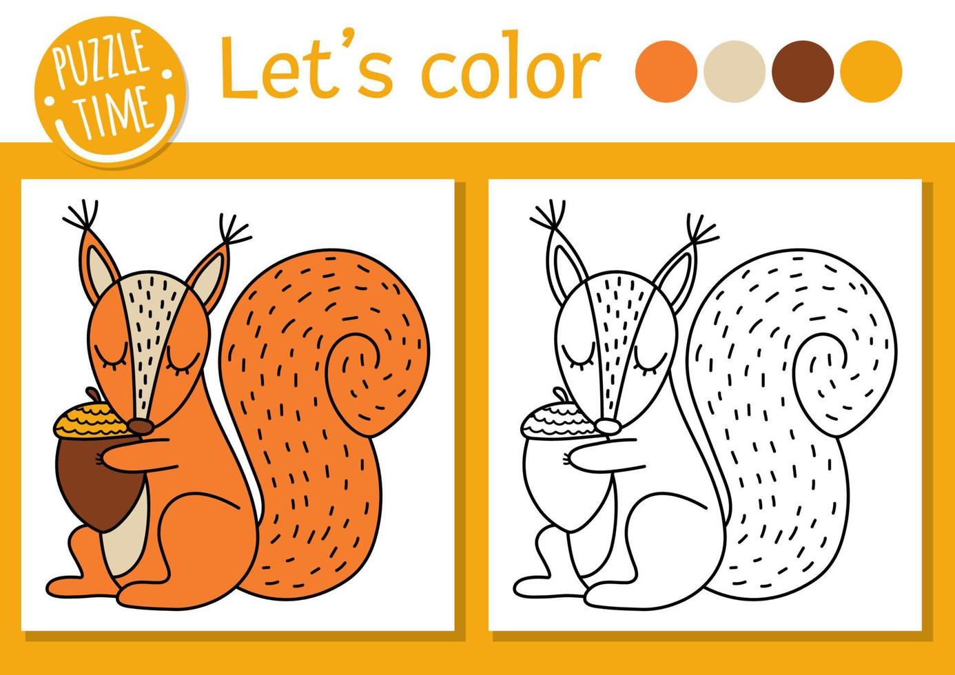Coloriage de forêt pour les enfants avec un écureuil. illustration vectorielle de contour de vacances d'automne avec un animal mignon. livre de couleurs boisées pour enfants avec exemple coloré. feuille de travail imprimable sur les compétences en dessin vecteur